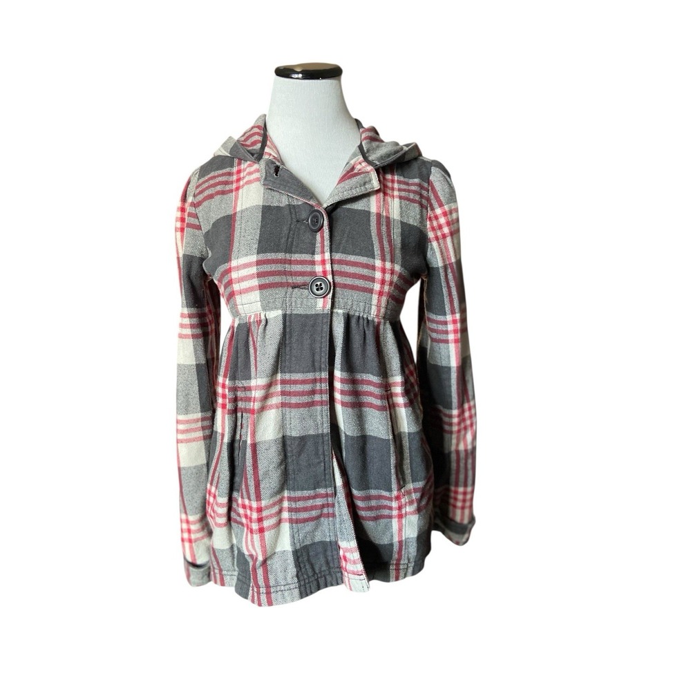 Roxy Y2K Plaid Hooded Babydoll Jacket Size‎ S Gray Red Skater Surf Preppy Mall